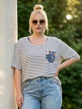 Cato 26/28 Plus Size White Striped Blue Floral Blouse Casual Knit Tee Summer Top